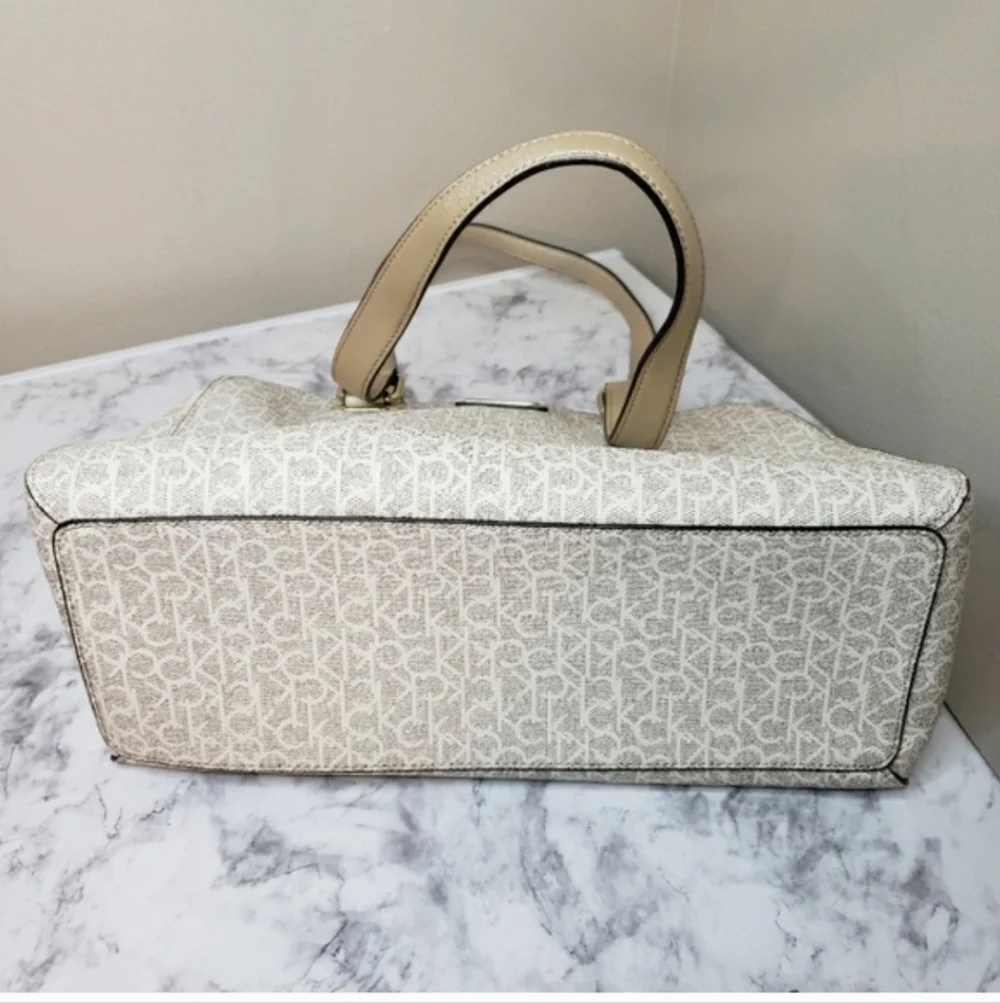 Calvin Klein Large Almond Monogram Satchel - Like New | Metallic Gold & Cream